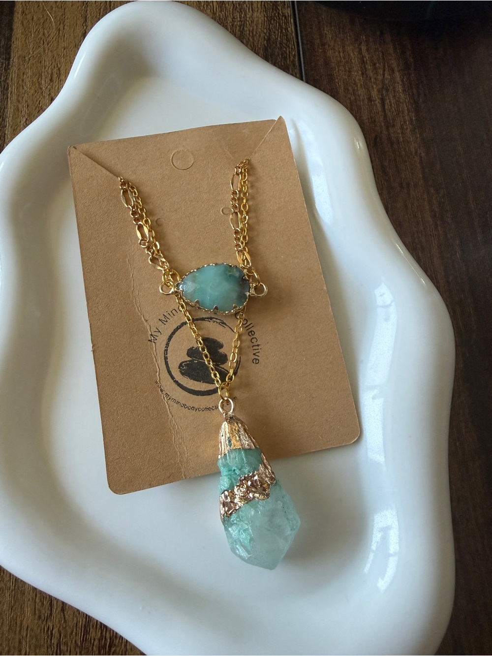 Gold Chain Necklace with Aquamarine Crystal Pendant - Women's Jewelry